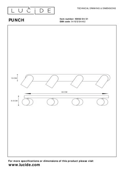 Lucide PUNCH - Ceiling spotlight - 4xGU10 - White - technical